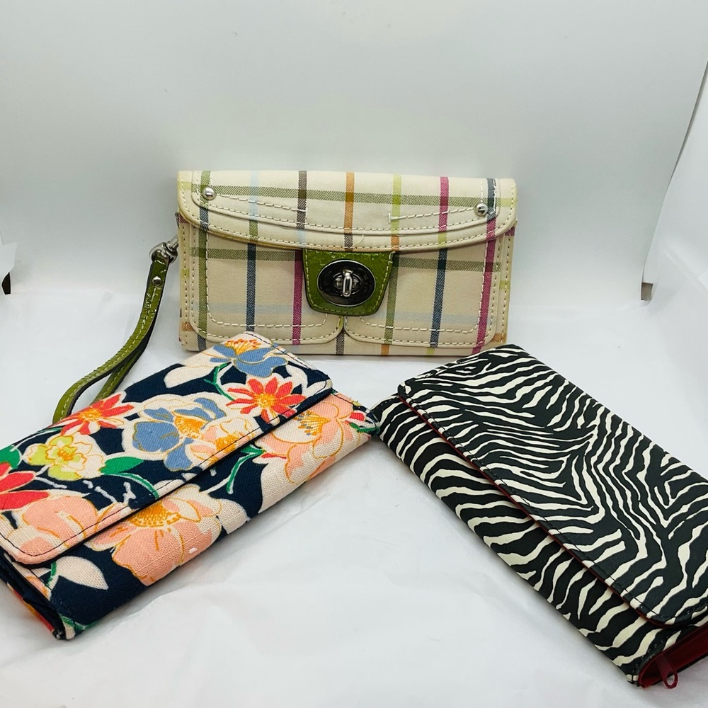 3 Wallets, 1 Tartan Cream Fabric, 1 Black & Cream Zebra Stripe, 1 Floral Fabric